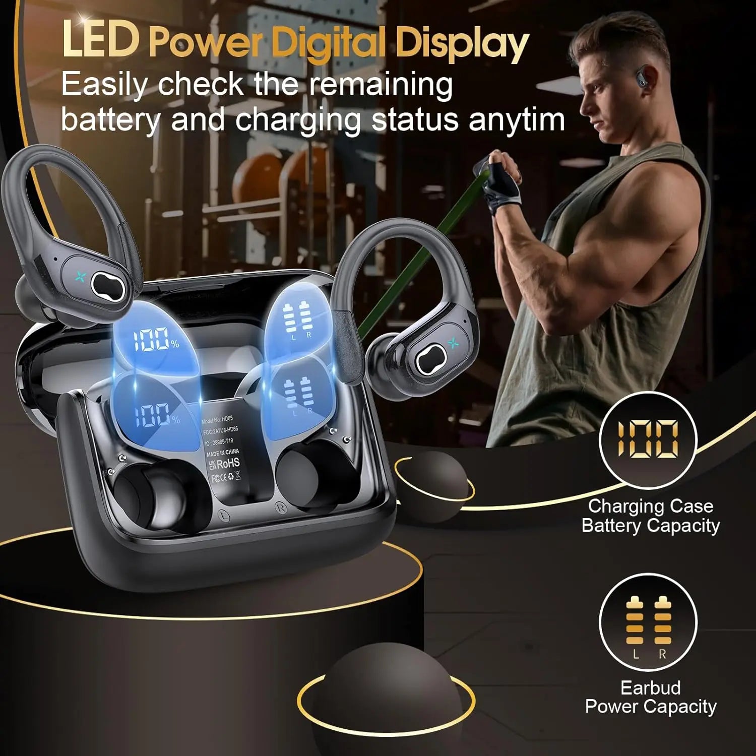TWS Sports Earbuds Bluetooth 5.4 HIFI Bass Wireless Waterproof Headset