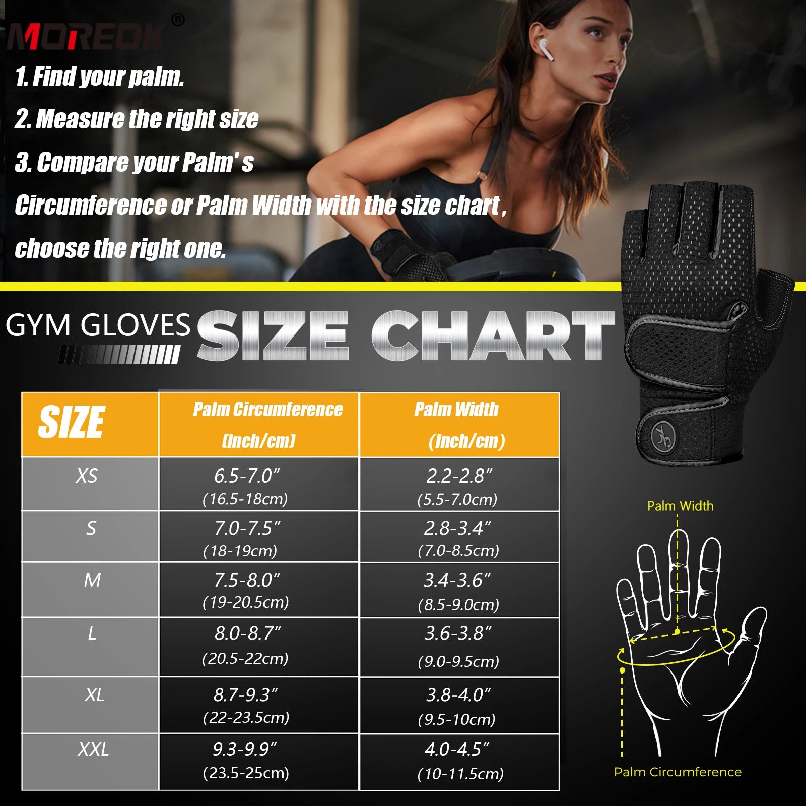 MOREOK Gym Gloves Non-slip 3MM Pads Pull Up Power
