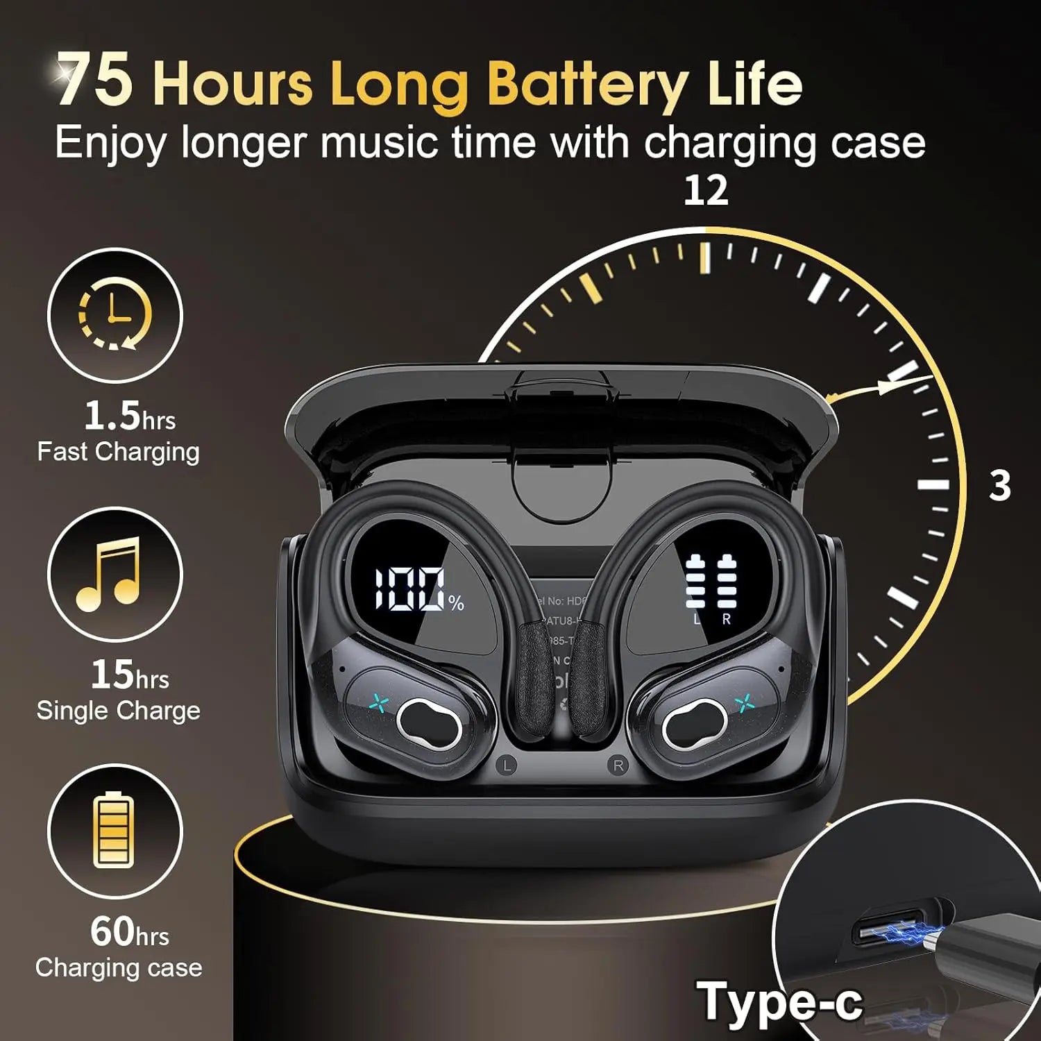 TWS Sports Earbuds Bluetooth 5.4 HIFI Bass Wireless Waterproof Headset