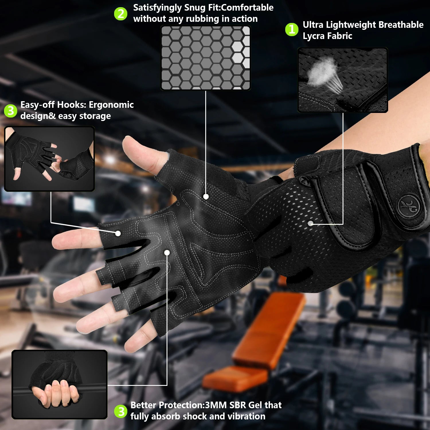 MOREOK Gym Gloves Non-slip 3MM Pads Pull Up Power