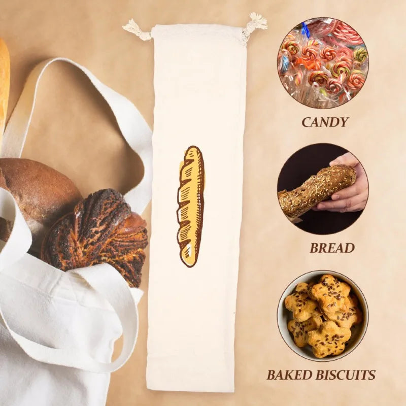 Reusable Baguette Cotton Drawstring Storage Bread Bag