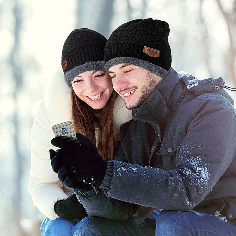 2022 Winter Men Women Thick Beanie Knitted Hat Set